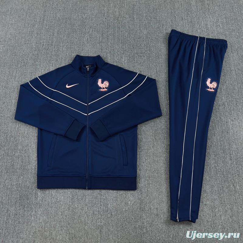 26/27 France Navy Blue Full Zipper Jacket Tracksuit +  Long Pants