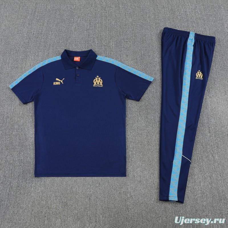26/27  Marseille Navy Blue  Polo Training Shirt + Long Pants Tracksuit