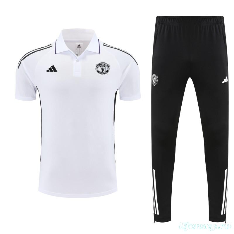 26/27  Manchester United White Polo Training Shirt + Long Pants Tracksuit
