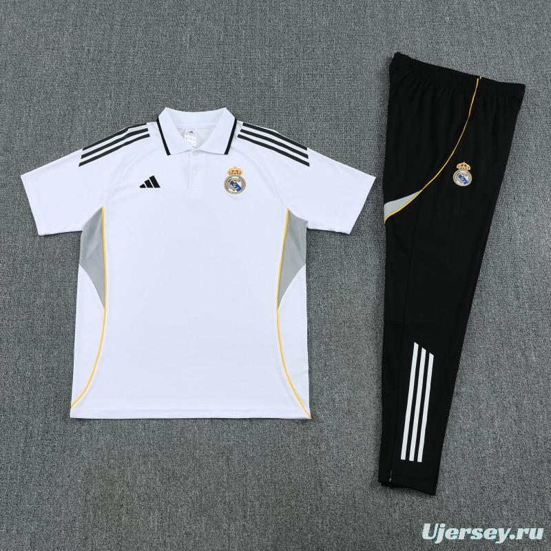 26/27 Real Madrid White Polo Training Shirt + Black Long Pants Tracksuit