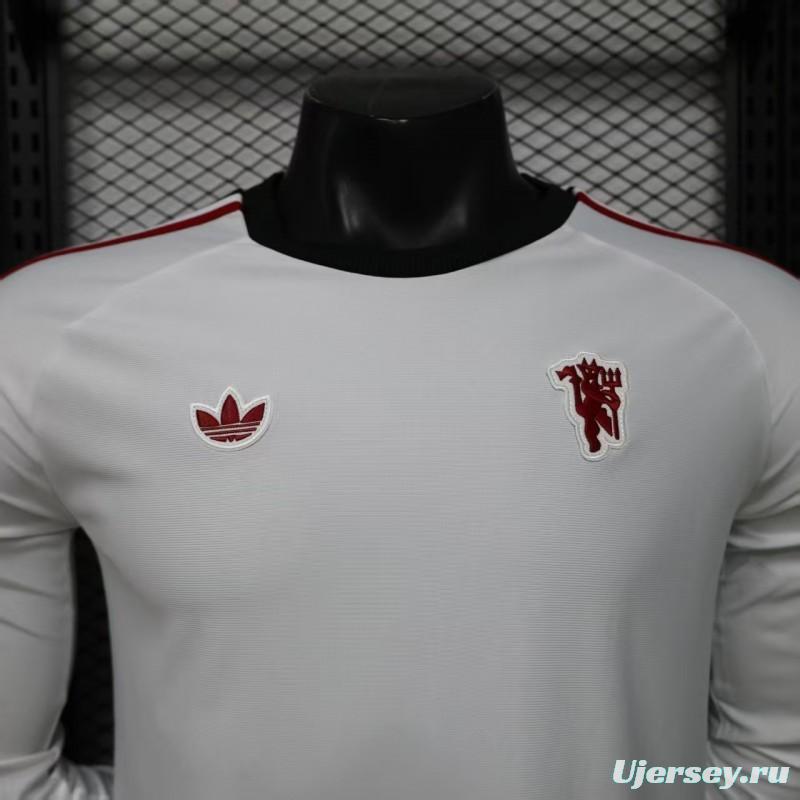 Player Version 2026 Manchester United Away White with  Red Shoulder Stripe Long Sleeve Jersey