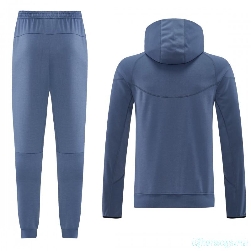 26/27  Paris Saint-Germain Steel Blue Full Zipper Hooded Jacket Tracksuit + Long Pants