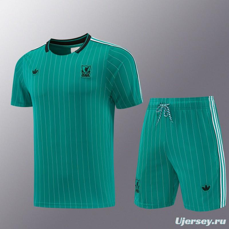 26/27 Liverpool   Green Pinstripe  Short Sleeve+Soccer Shorts
