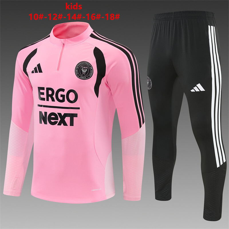 2026 Kids Inter Miami CF Pink  Half Zipper Jacket Tracksuit + Black Long Pants