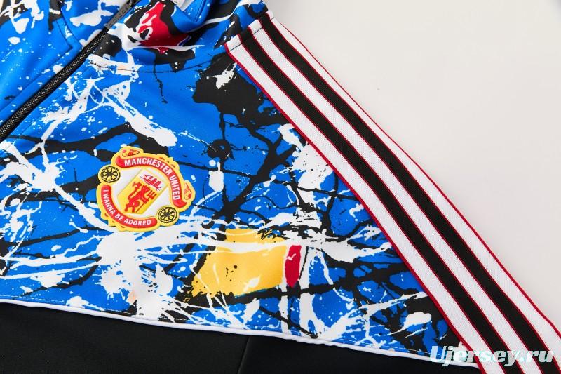 2026/27 Manchester United Black Grunge Splatter Paint Full Zipper Jacket Tracksuit + Long Pants