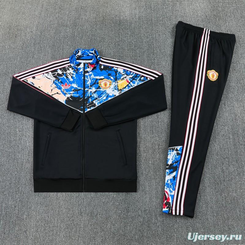 2026/27 Manchester United Black Grunge Splatter Paint Full Zipper Jacket Tracksuit + Long Pants