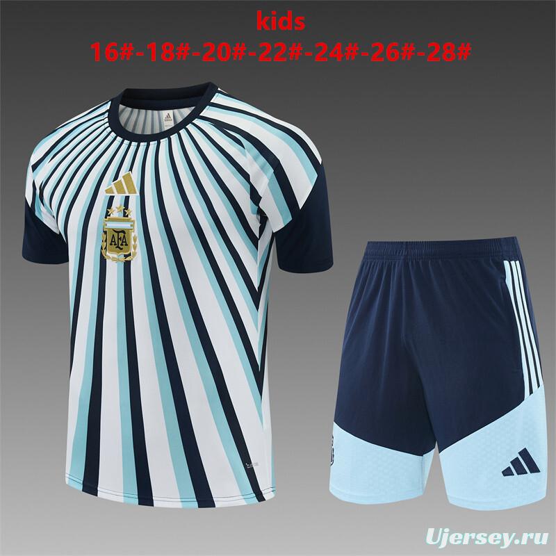 2026 Kids  Argentina White & Light Blue Radial Stripe Short Sleeve+Soccer Shorts