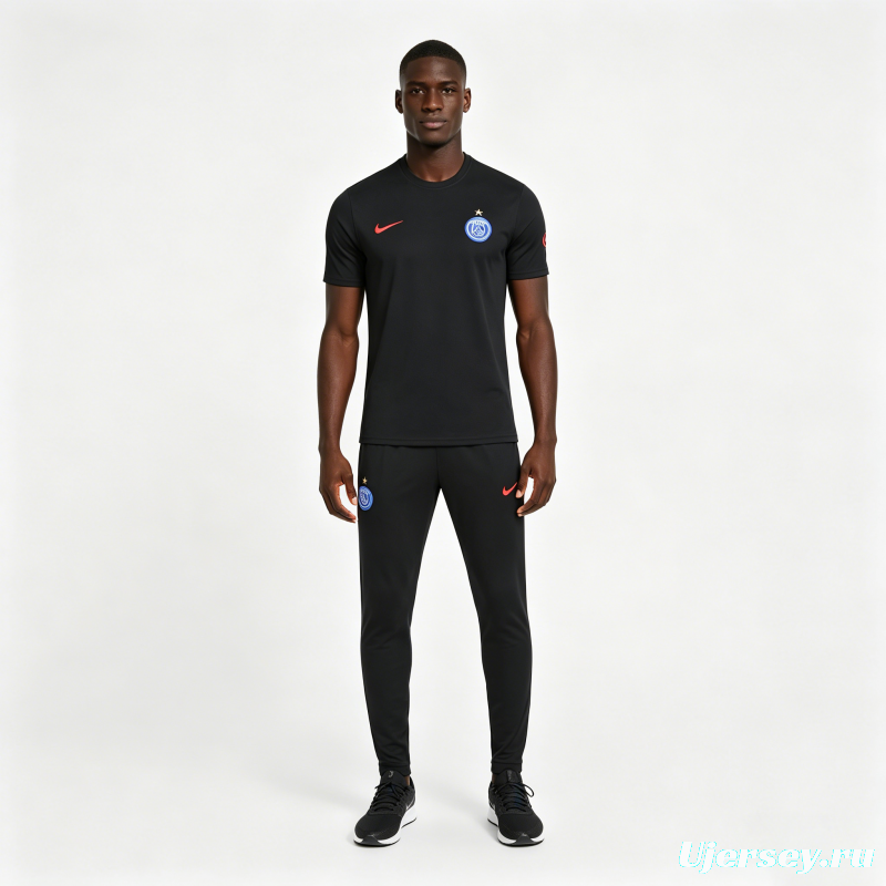 26/27 Paris Saint-Germain Black  Short Sleeve Tracksuit + Long Pants