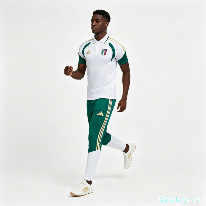 2026 Italy White & Green Half-Zip Polo Short Sleeve Tracksuit + Long Pants