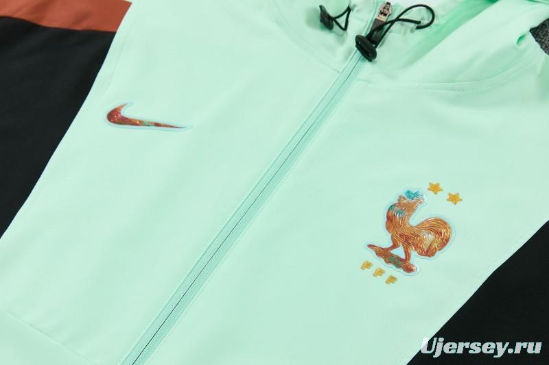 26/27 France Light Green Full Zipper Hooded Jacket Tracksuit + Long Pants