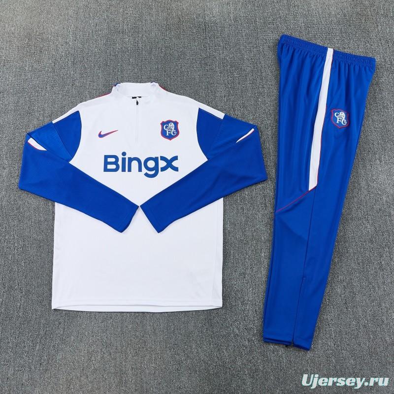 26/27 Chelsea  White & Blue Half Zipper Jacket Tracksuit + Long Pants