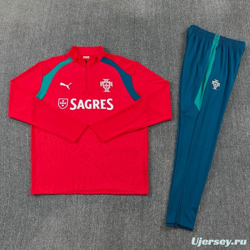 26/27 Portugal Red&Teal Half Zipper Jacket Tracksuit + Long Pants