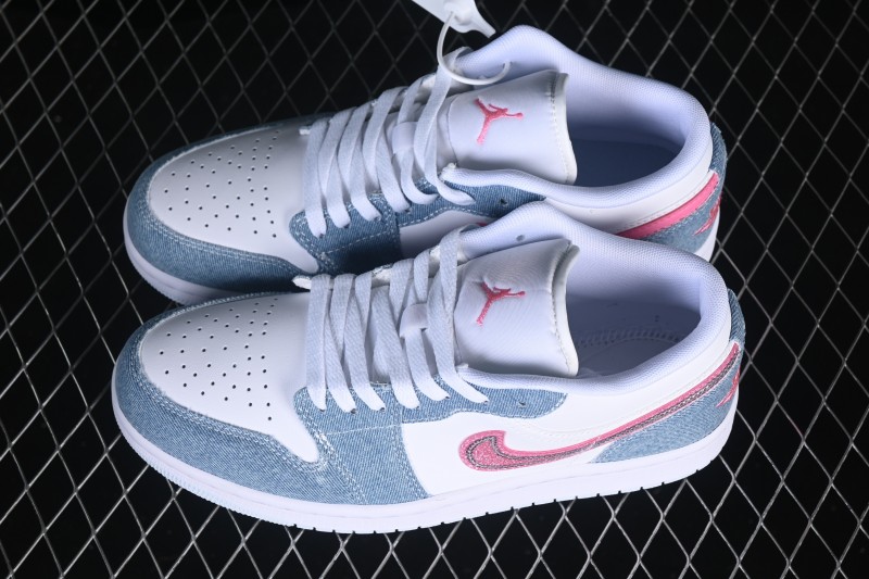 Nike Air Jordan 1 Low Basketball Lifestyle Shoes with Pastel Denim and Pink Rhinestone Swoosh - HQ2001-400