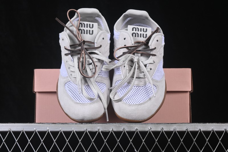 Miumiu Gymnasium 26s Spring Summer Runway Multi-Element Clash Round Toe Lace-Up Mesh German Trainer Shoes Leather