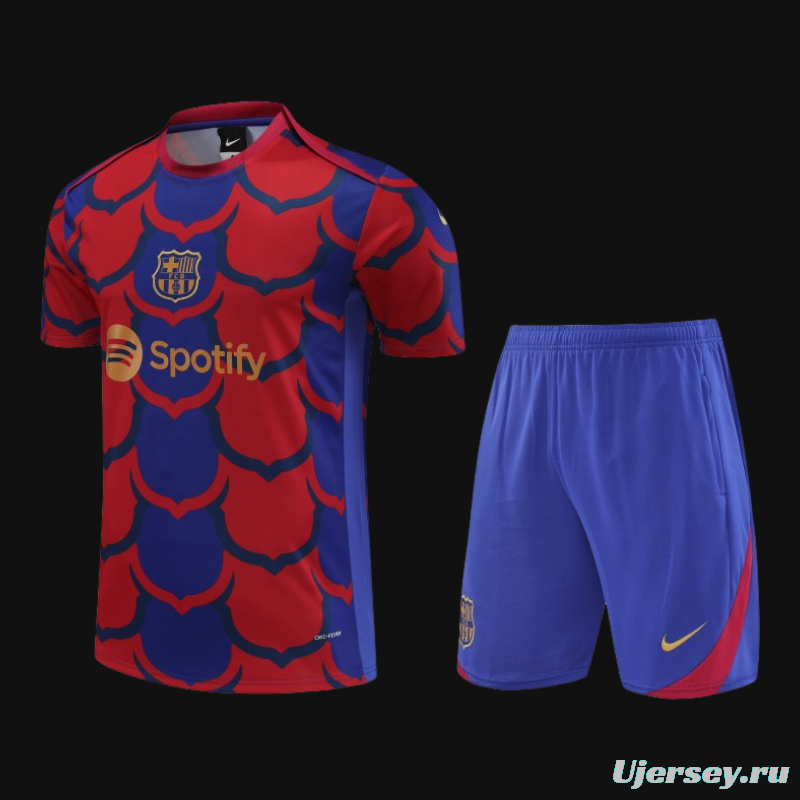 23/24 Barcelona Academy Pro Pre-Match Blue Cotton Short Sleeve Jersey+Shorts