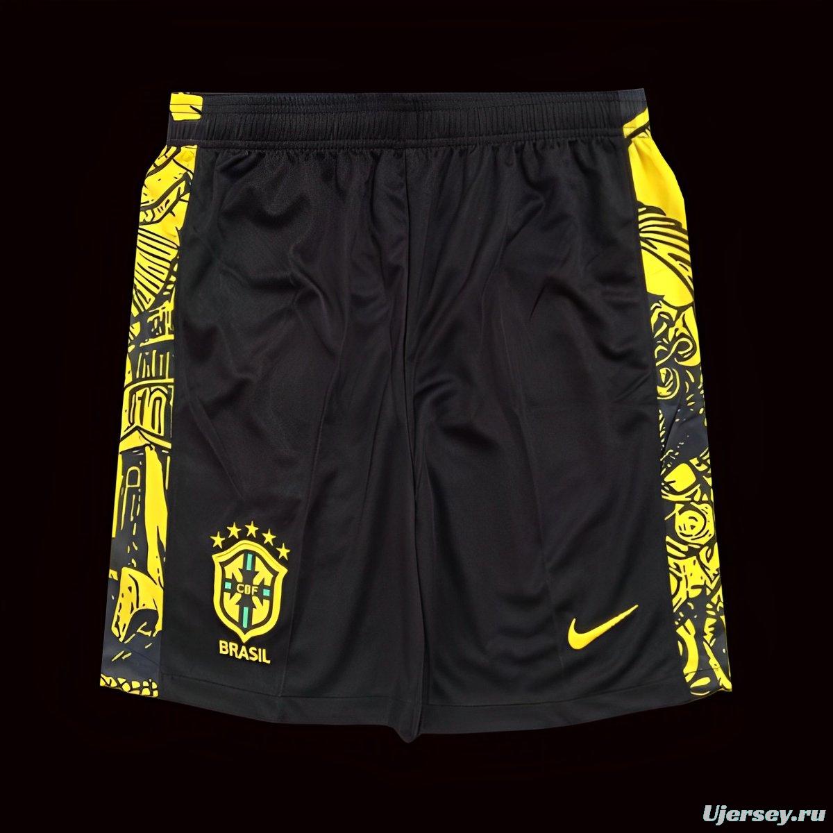 2024 Brazil Copa America Black Yellow Goalkeeper Shorts