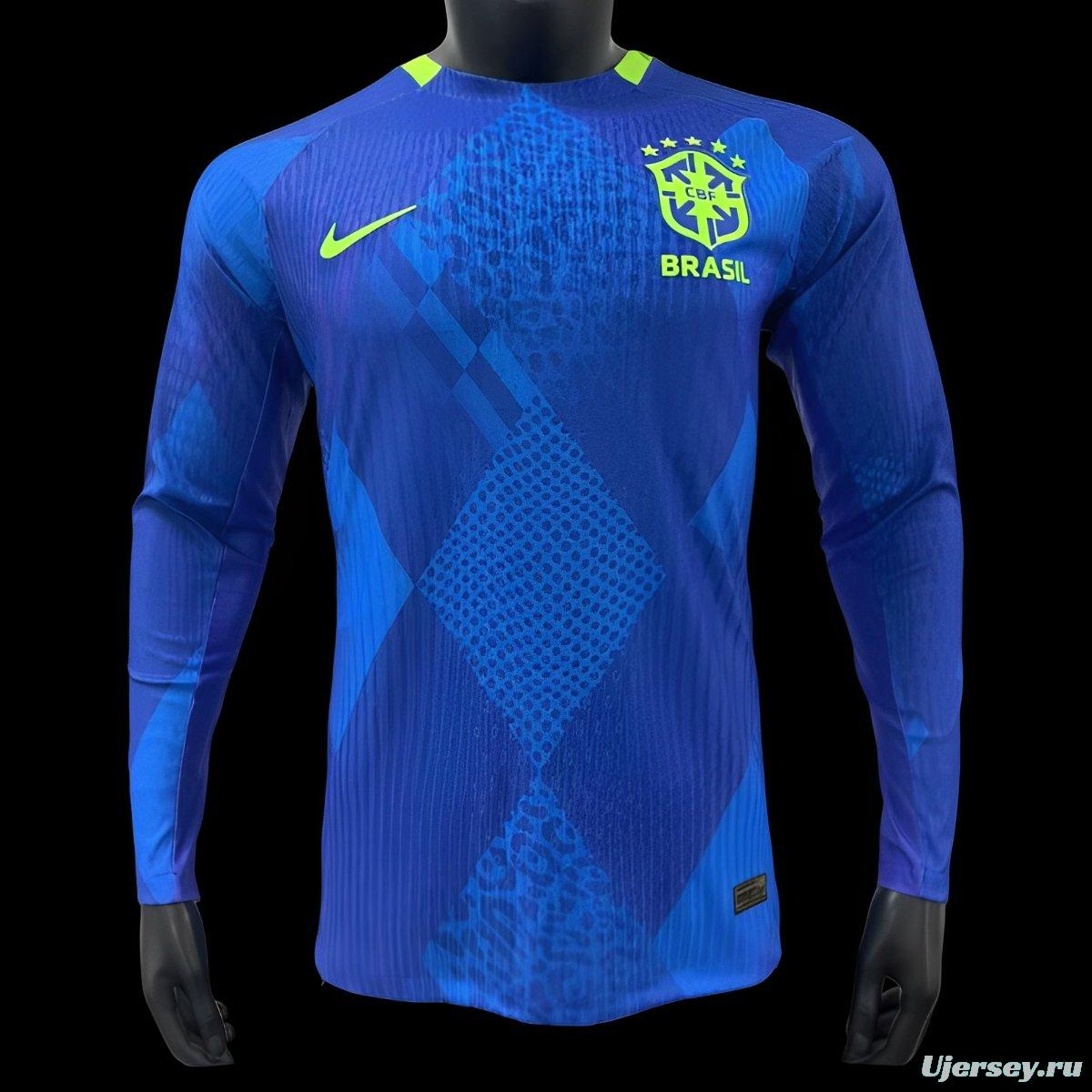 Player Version 2025 Brazil Away Blue Long Sleeve Jersey