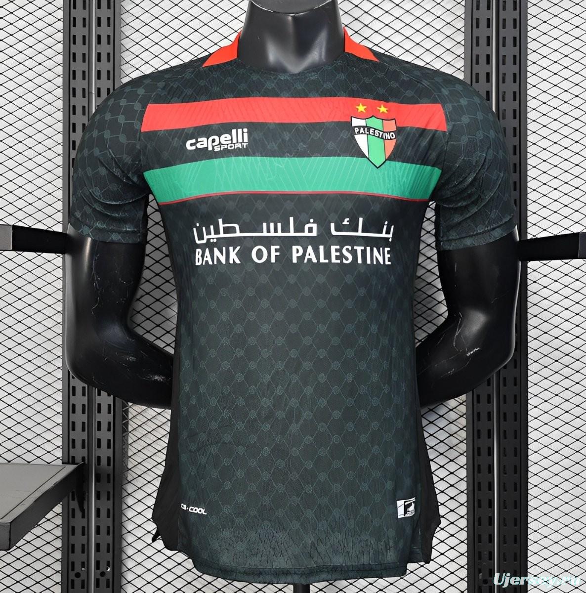 Player Version 25/26 CD Palestino Away Black Jersey with Red-Green Stripes and Bank of Palestine Sponsor