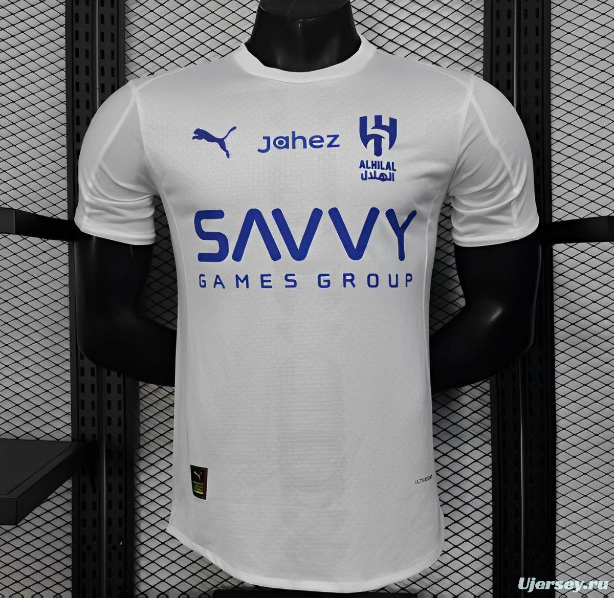 Player Version 25/26 Al-Hilal Away White with Blue Details and SAVVY Games Group Sponsor Jersey