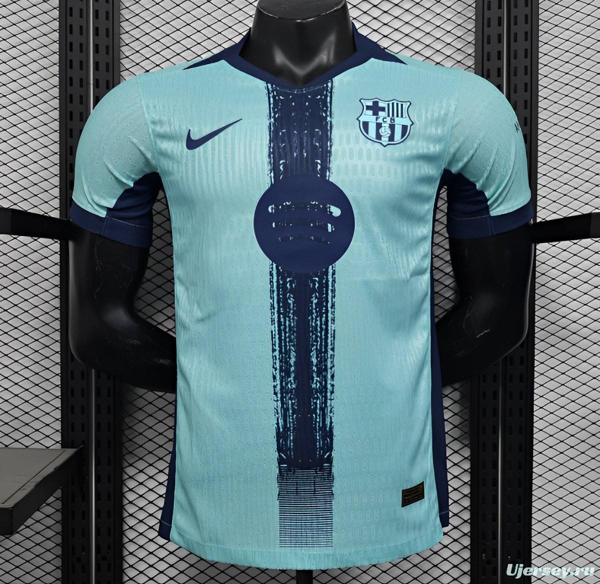 Player Version 25/26 Barcelona Blue 125Th Anniversary Mint Green Jersey with Navy Blue Stripe and Spotify Sponsor