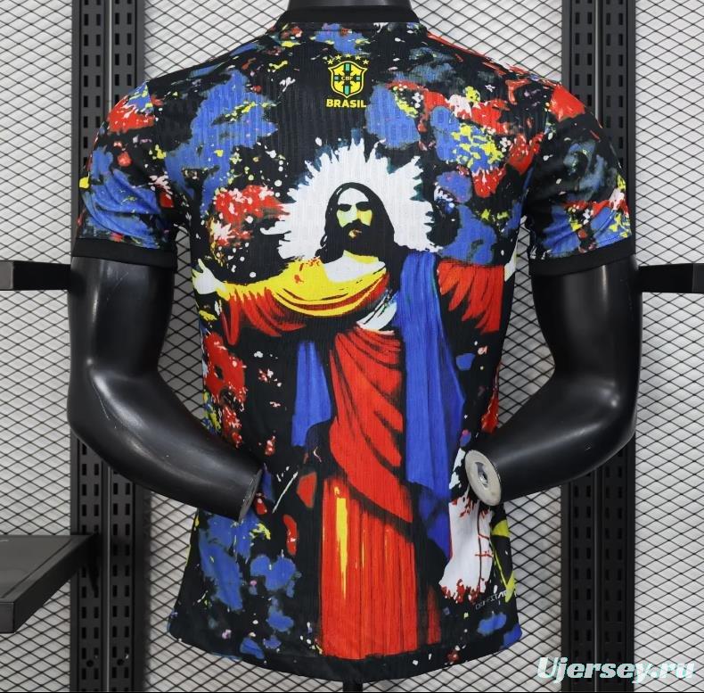 Player Version 2025 Brazil Black with Jesus Christ Artwork Jersey