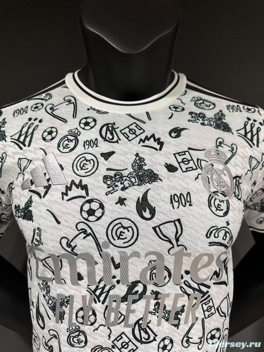 Player Version 25/26 Real Madrid White with Football Icons Pattern Jersey