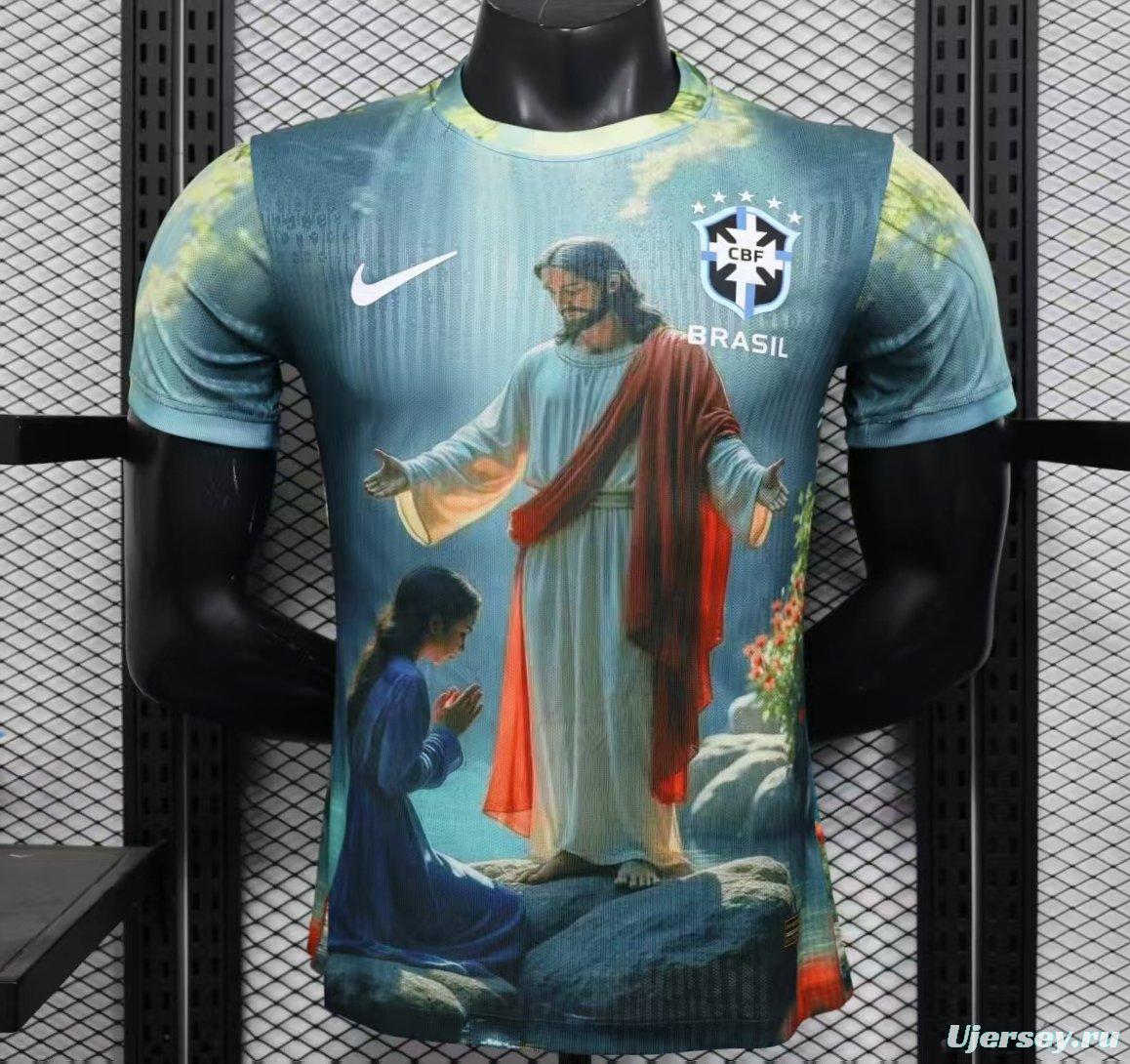 Player Version 2025 Brazil Light Blue with Jesus Christ Religious Artwork Jersey