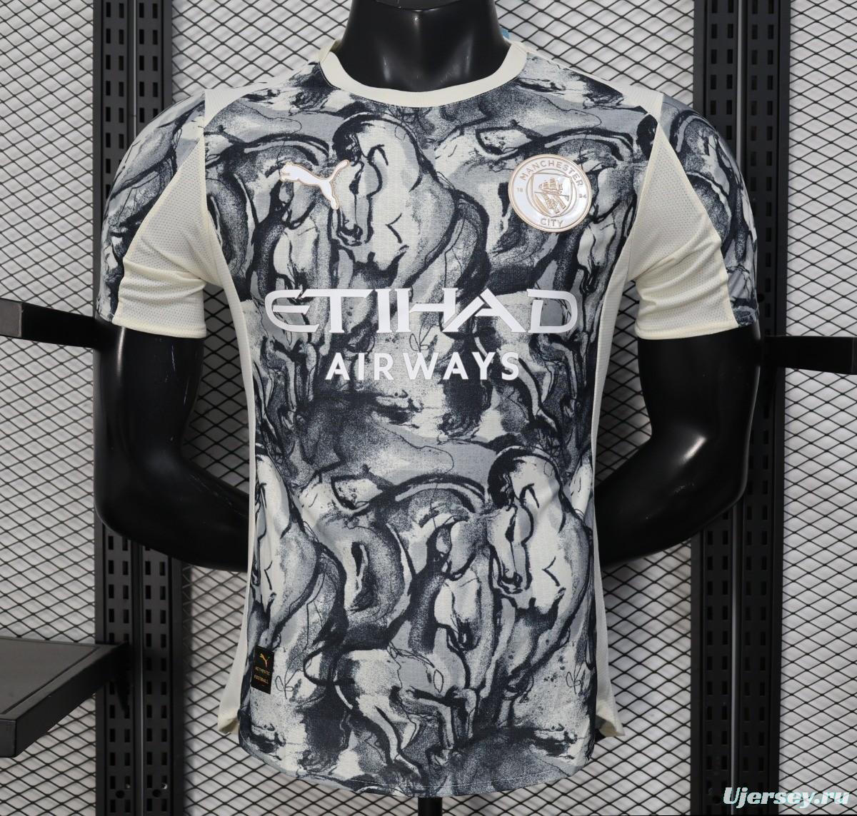 25/26 Player Version Manchester City White with Black Marble Abstract Art Pattern Jersey