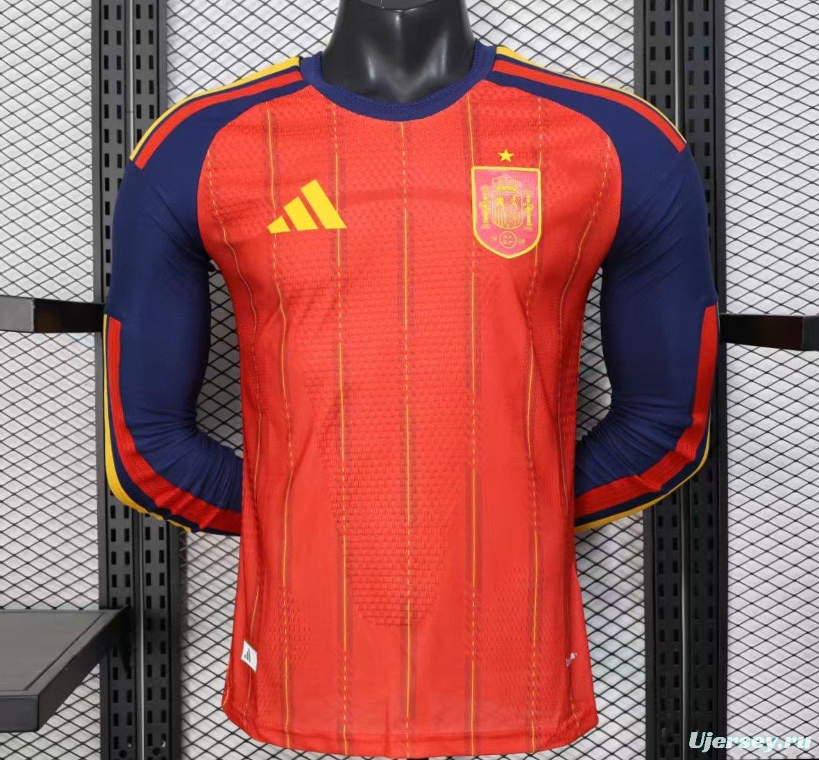Player Version 2026 Spain Home Long Sleeve Red with Vertical Stripe Pattern Jersey