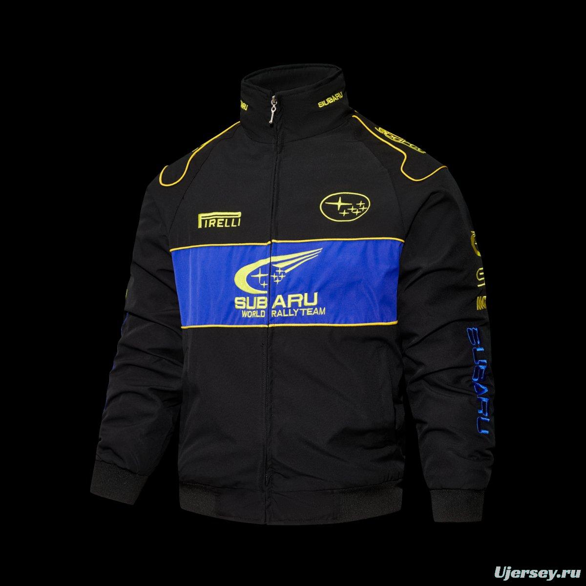 2026 F1 Subaru World Rally Team Black and Blue Racing Jacket with Yellow Trim and Pirelli Logo