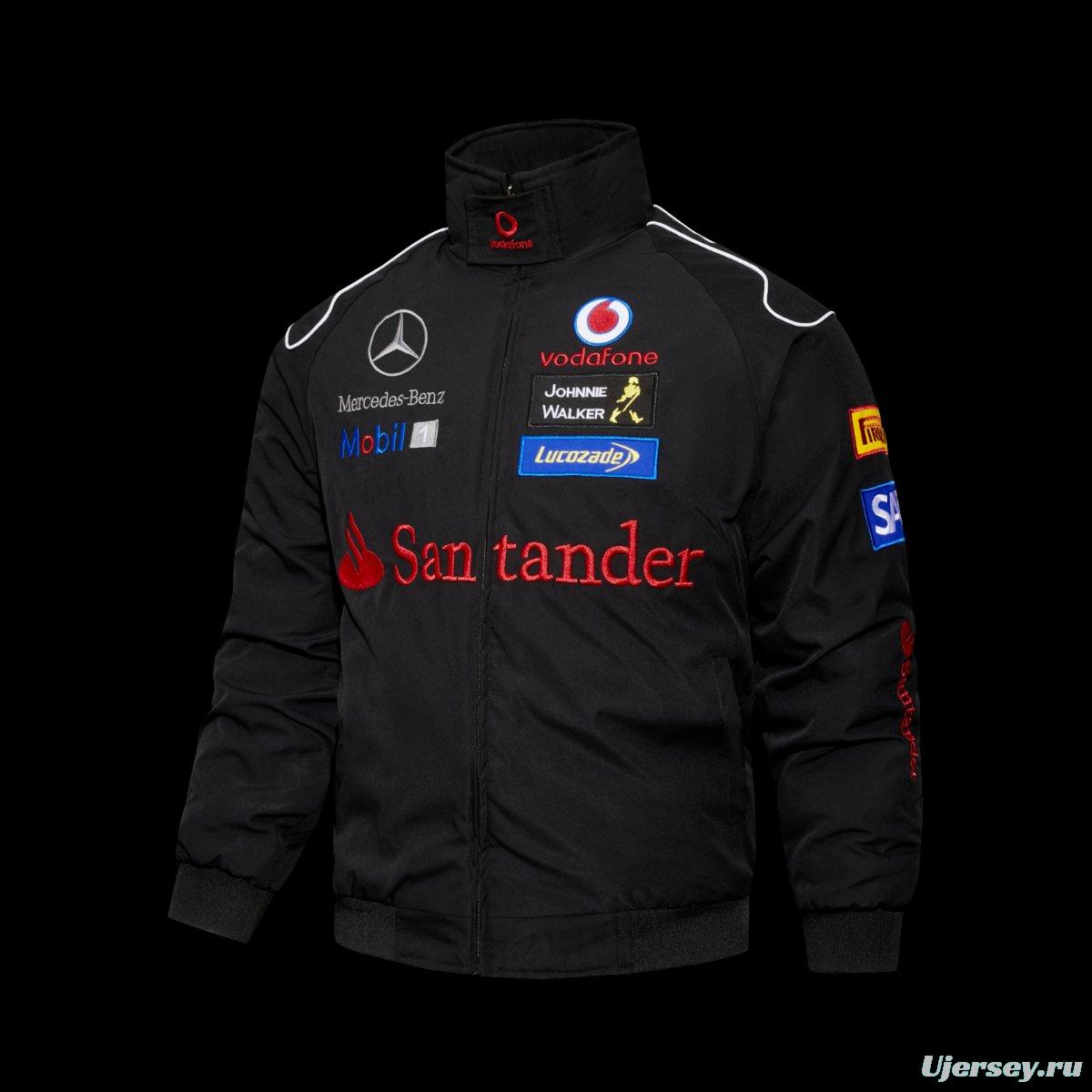 2026 F1 McLaren Mercedes-Benz Vodafone F1 Team Black Racing Jacket with Santander Mobil 1 Johnnie Walker Sponsor Patches
