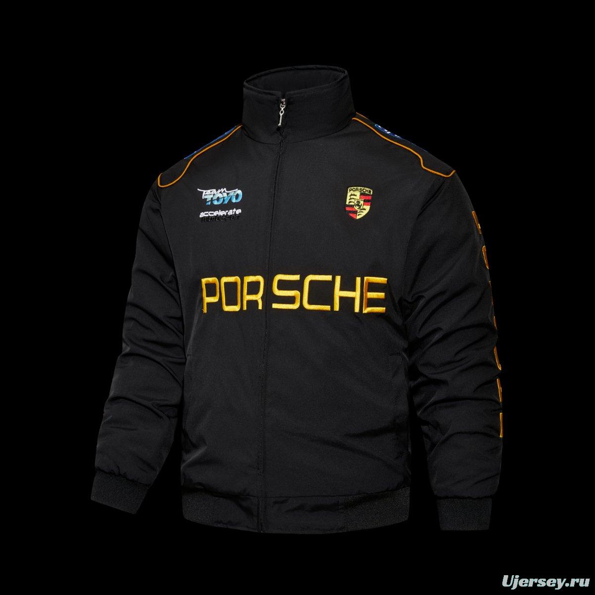 2026 F1 Porsche Motorsport Black Racing Jacket with Gold Lettering and Crest Badge