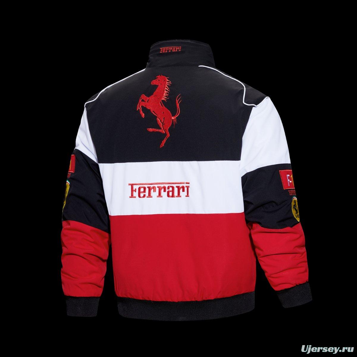 2026 Scuderia Ferrari F1 Team Racing Jacket in Red White Black Color Block with Shell UPS Sponsor Logos