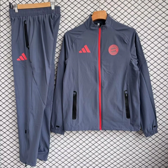 25/26 Bayern Munich Grey with Red Full zipper Jacket Tracksuit+ long pants