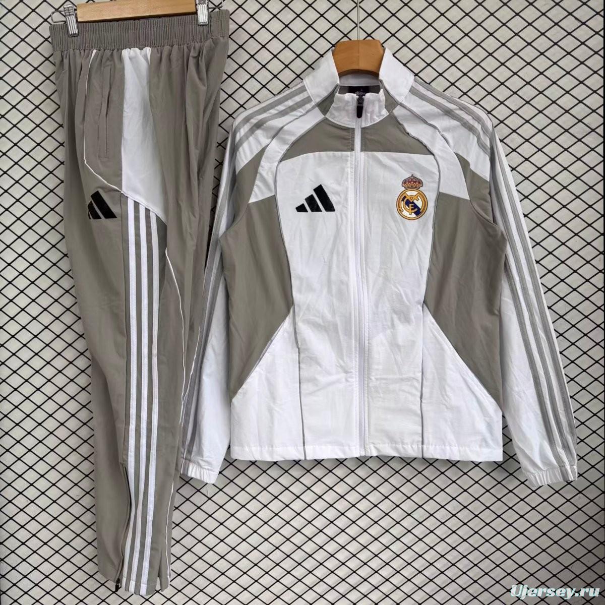 25/26 Real Madrid White with Grey Full zipper Jacket Tracksuit+ long pants