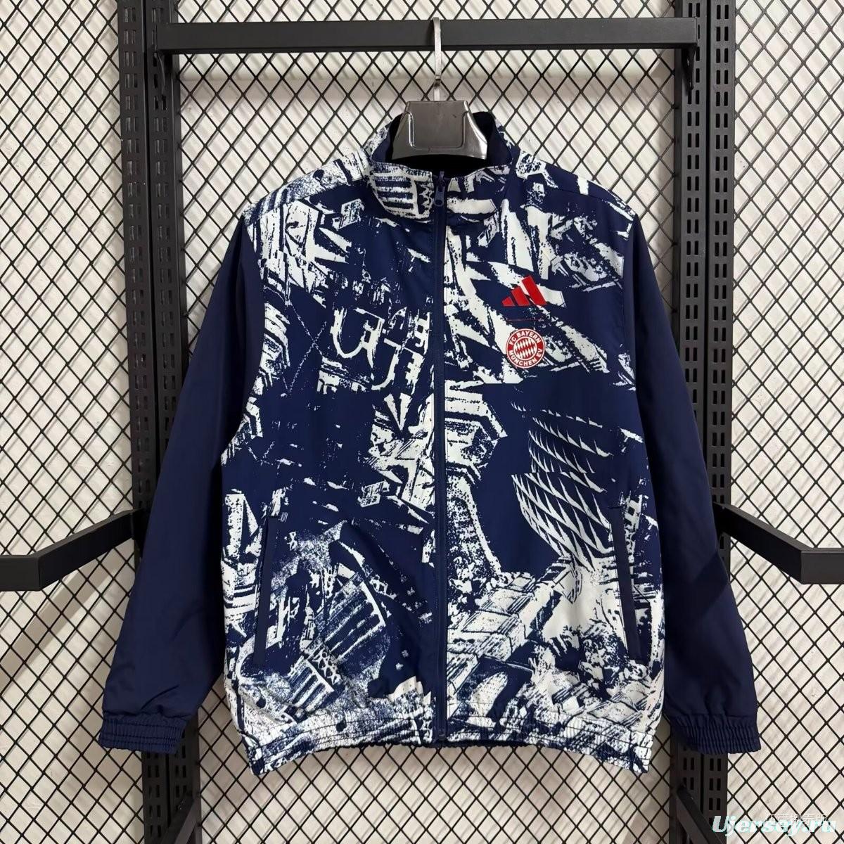 25/26 Bayern Munich Navy Blue with White Abstract Graffiti Pattern Full Zipper Windbreaker