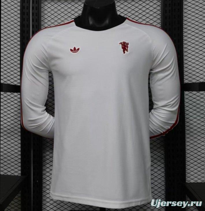 Player Version 2026 Manchester United Away White with  Red Shoulder Stripe Long Sleeve Jersey