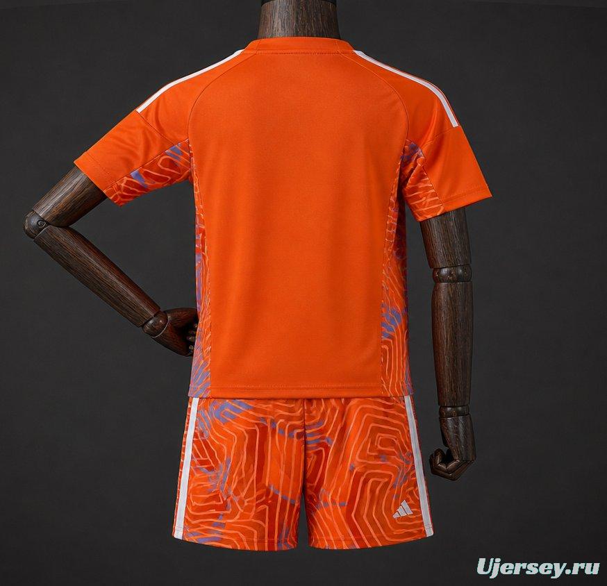 26/27 Kids Juventus Orange with Abstract Maze Pattern Goalkeeper Jersey Set